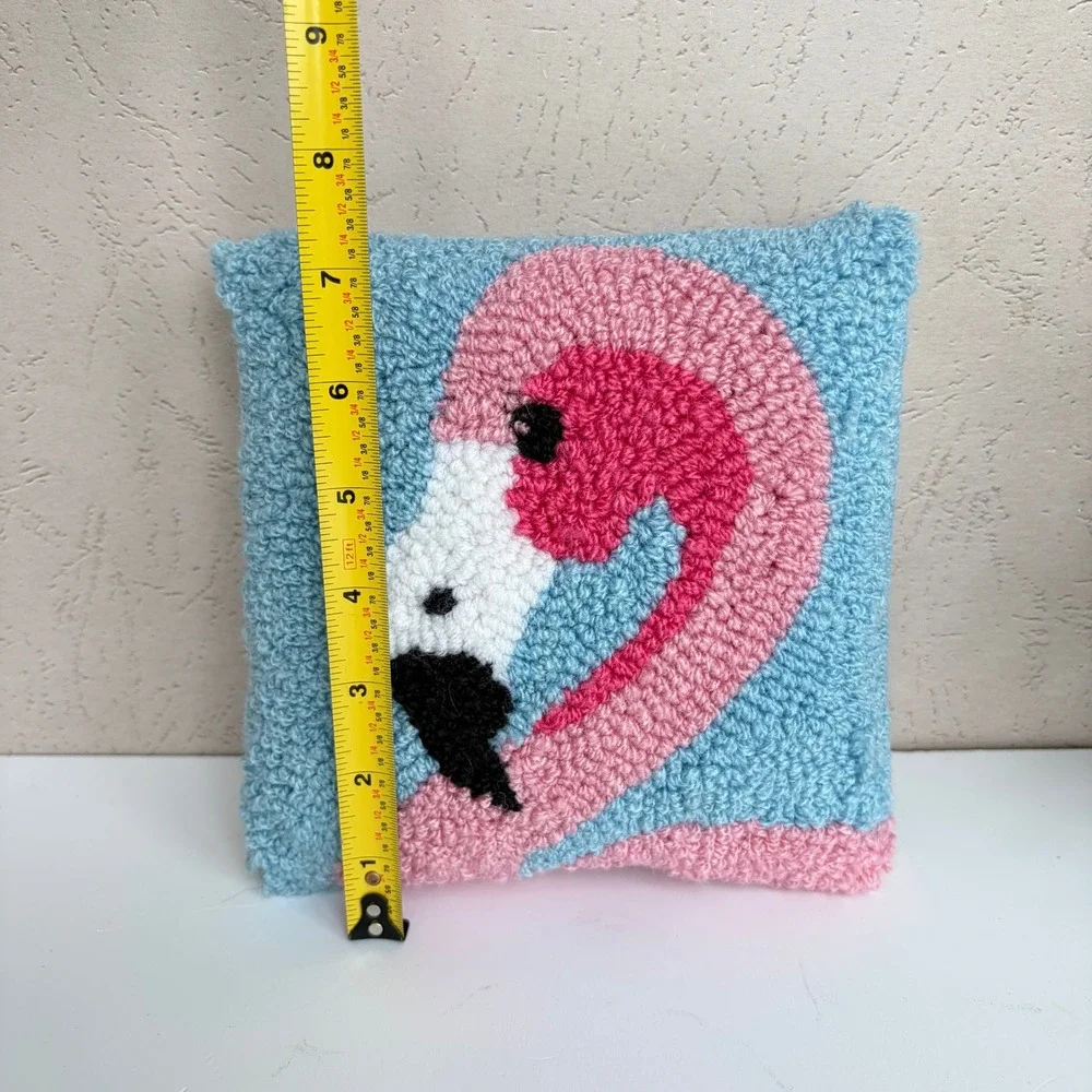 Handmade Punch Needle Flamingo Small Decorative Throw Pillow Pink Blue 7x7